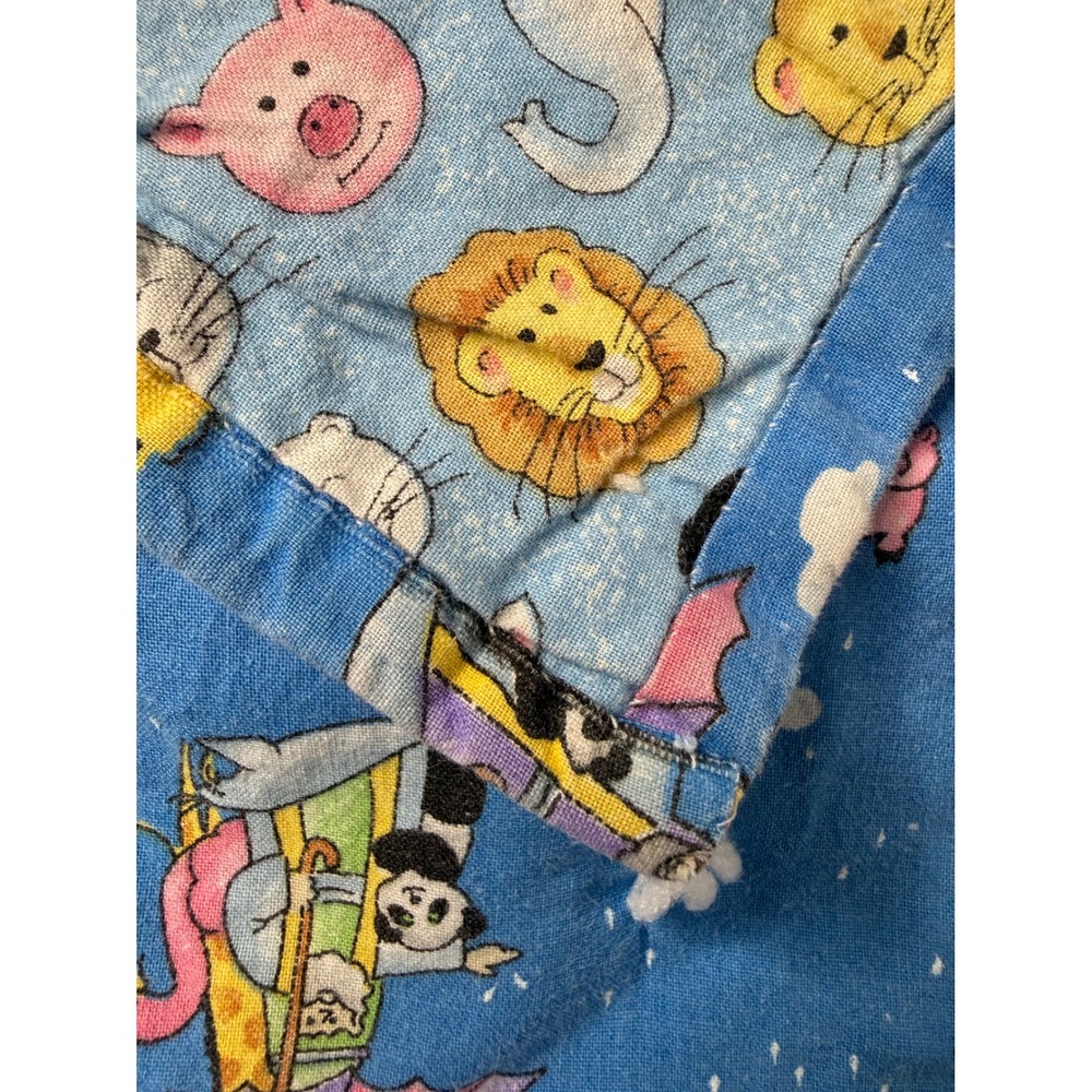 Vintage Noahs Ark Reversible Baby Blanket Blue Animal Print Quilted Nursery
